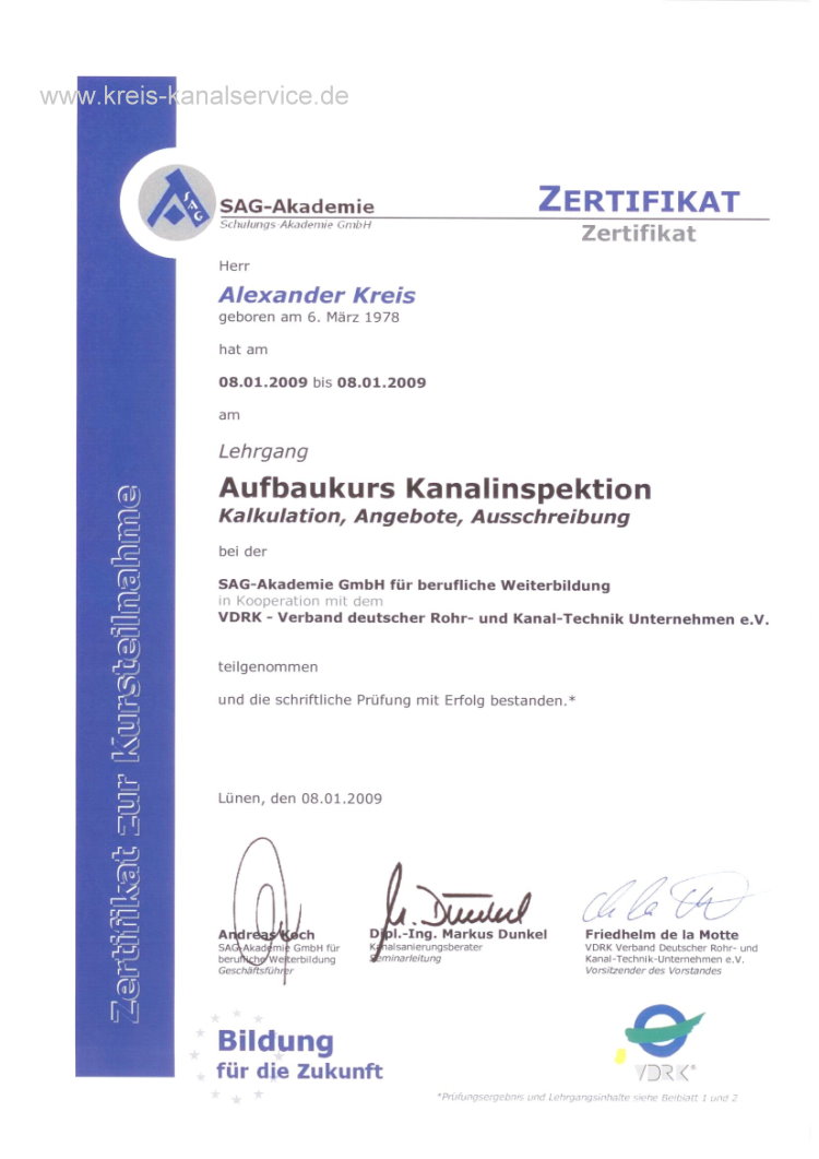 Aufbaukurs Kanalinspektion Ausschreibung