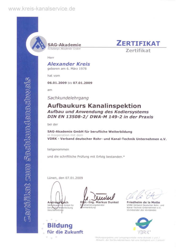 Aufbaukurs Kanalinspektion DIN EN 13508