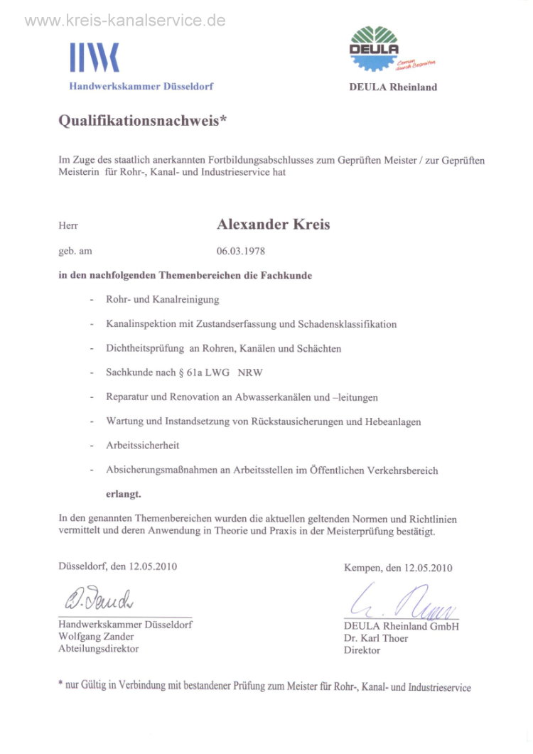 Deula Qualifikationsnachweis Meisterpr�fung Rohr-, Kanal- und Industrieservice