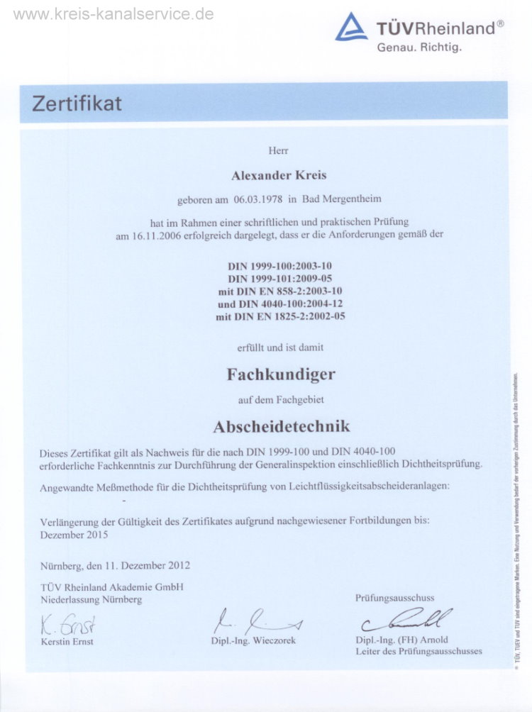 Fachkundiger Abscheidertechnik DIN 1999 Din 4040 LGA bis 2015