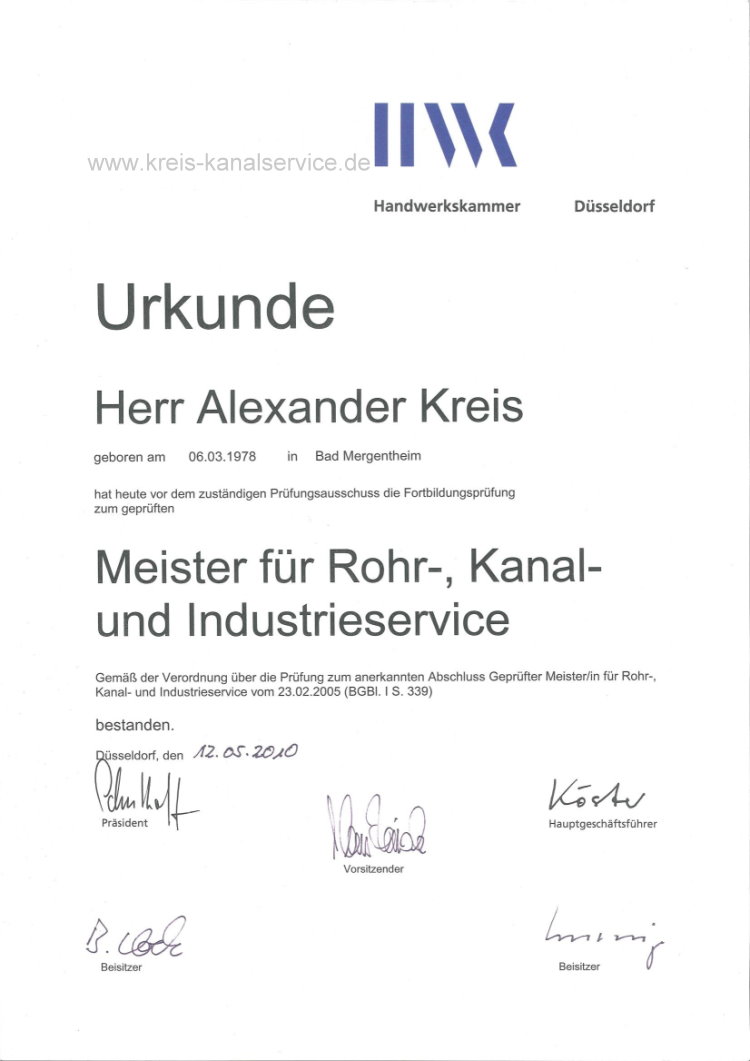 Urkunde Meisterbrief Rohr-, Kanal- und Industrieservice