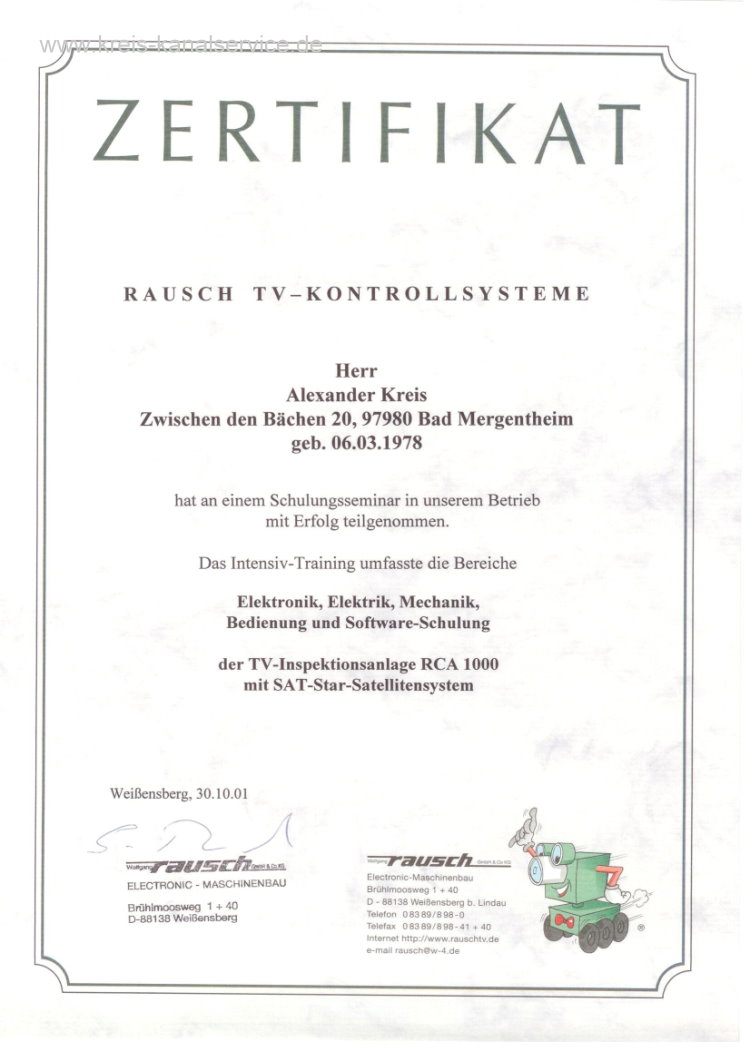 Zertifikat Rausch RCA 1000